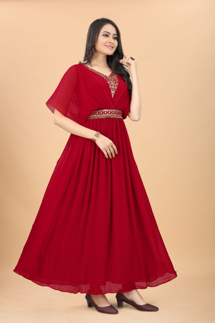 Beautiful Red Color Fancy Pleated Designer Gown