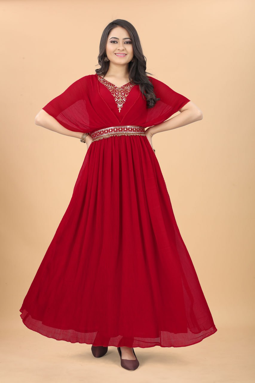 Beautiful Red Color Fancy Pleated Designer Gown