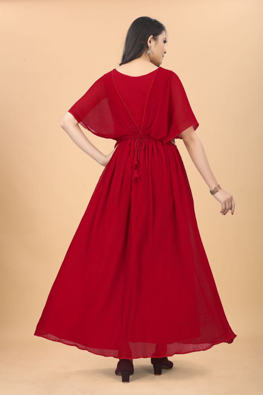 Beautiful Red Color Fancy Pleated Designer Gown
