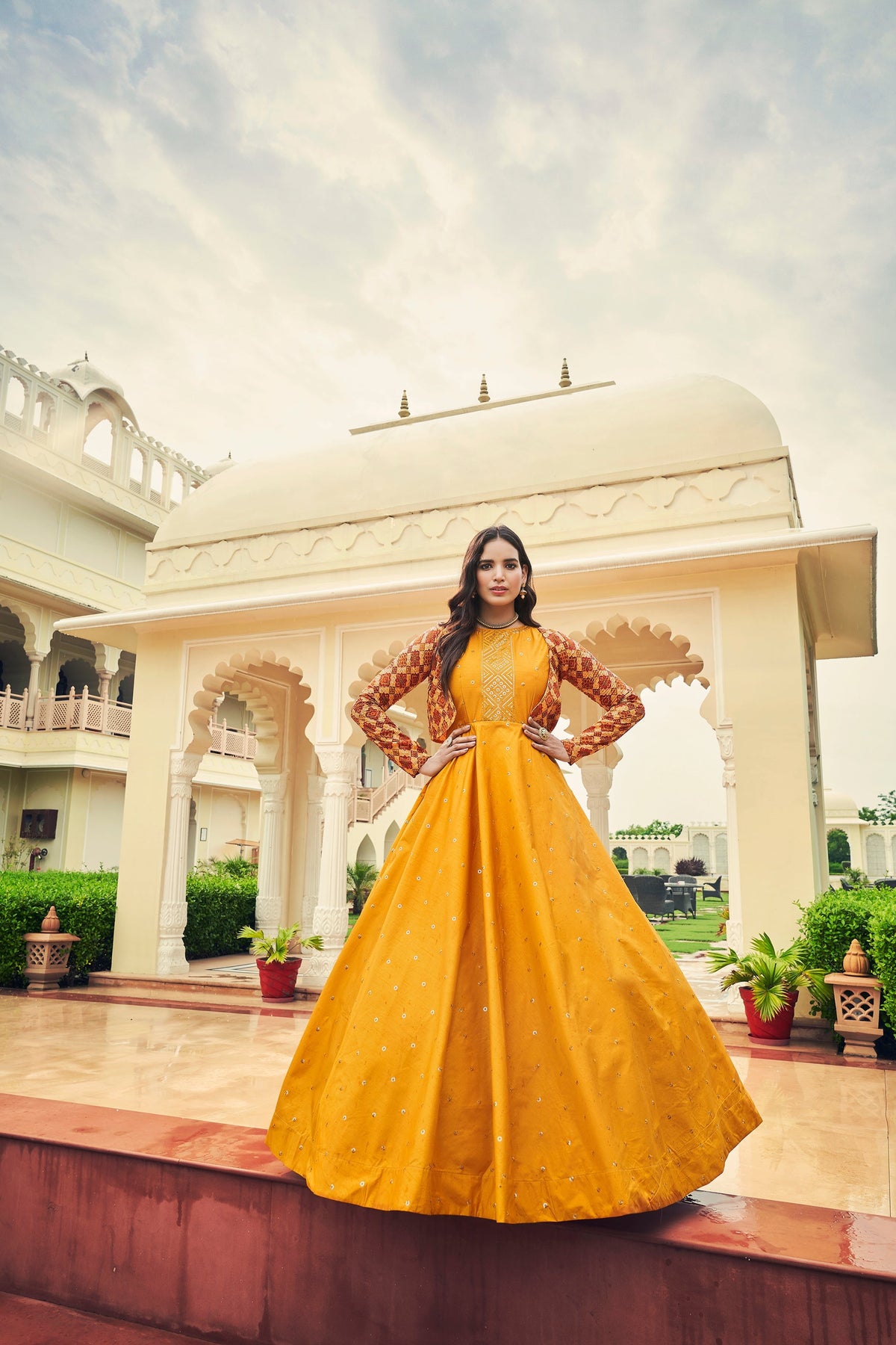 Beautiful Sequence Work Mustard With Multicolor Gown With Koti