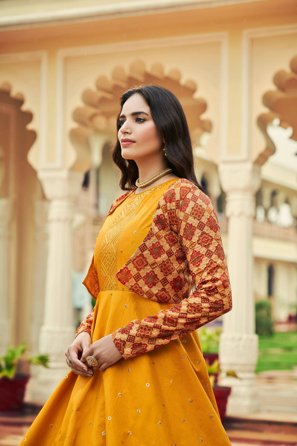 Beautiful Sequence Work Mustard With Multicolor Gown With Koti