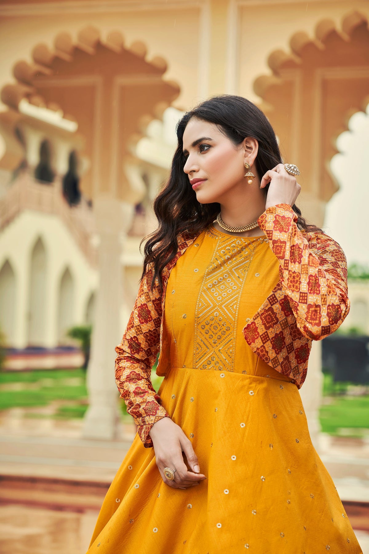 Beautiful Sequence Work Mustard With Multicolor Gown With Koti