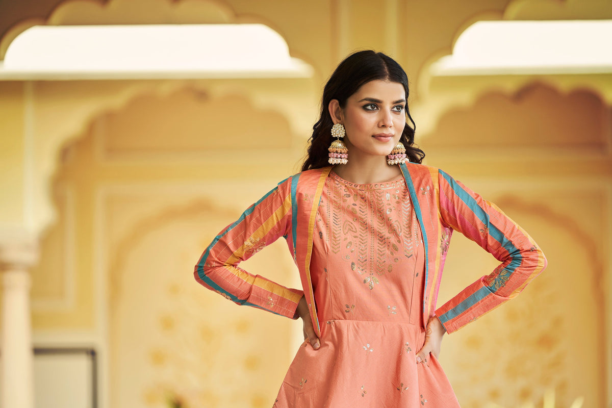 Beautiful Sequence Work Peach Color Gown With Koti