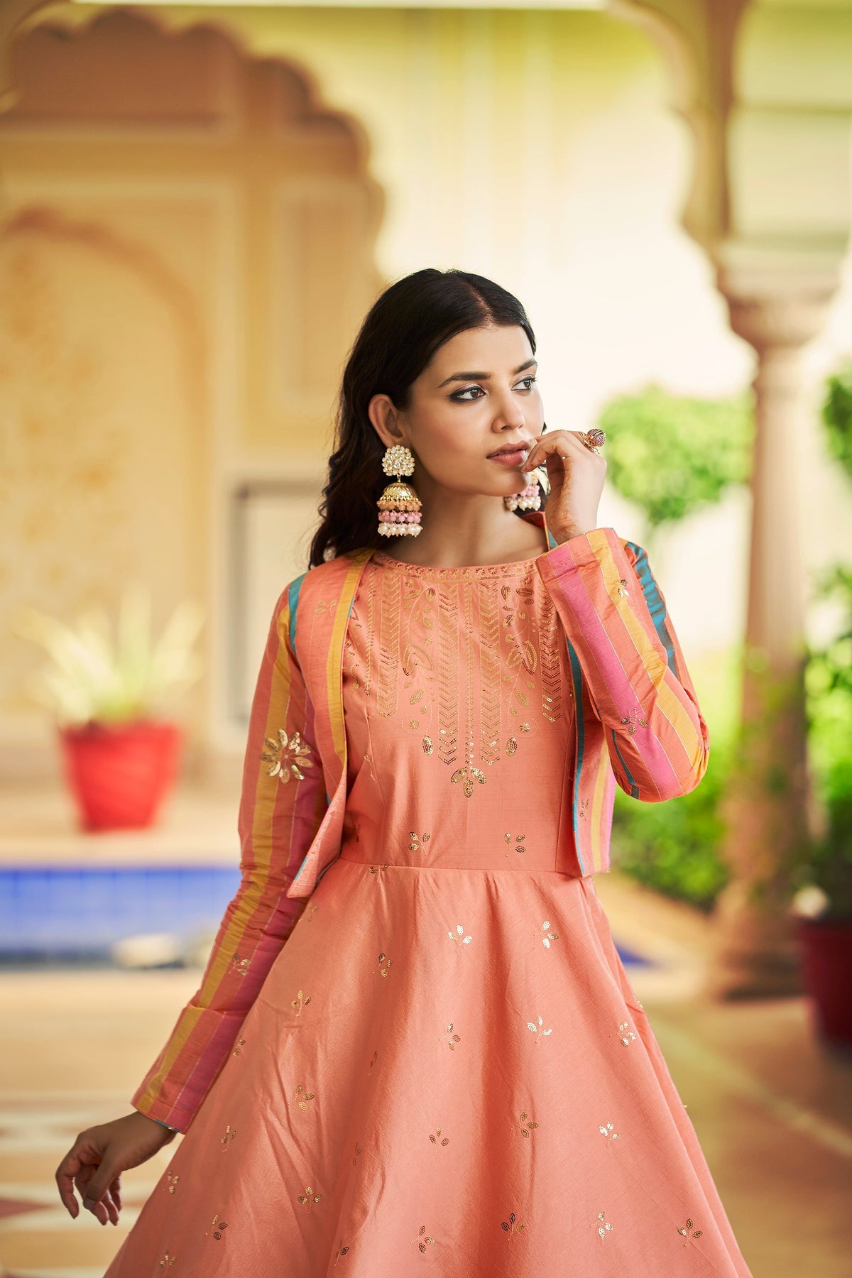Beautiful Sequence Work Peach Color Gown With Koti