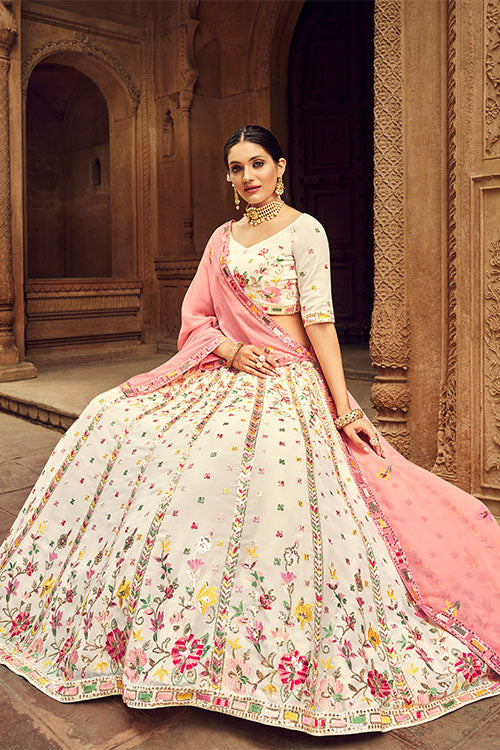 Beige Georgette Thread With Sequince Embroidered Lehenga Choli
