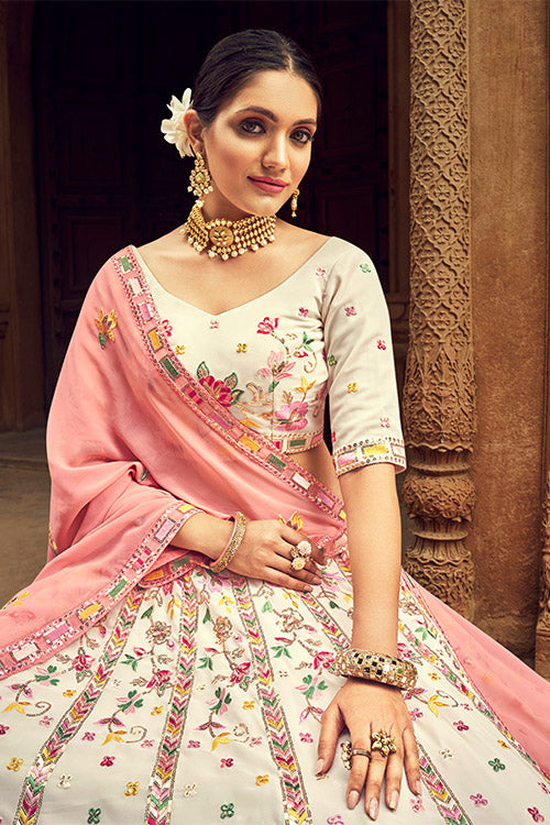Beige Georgette Thread With Sequince Embroidered Lehenga Choli