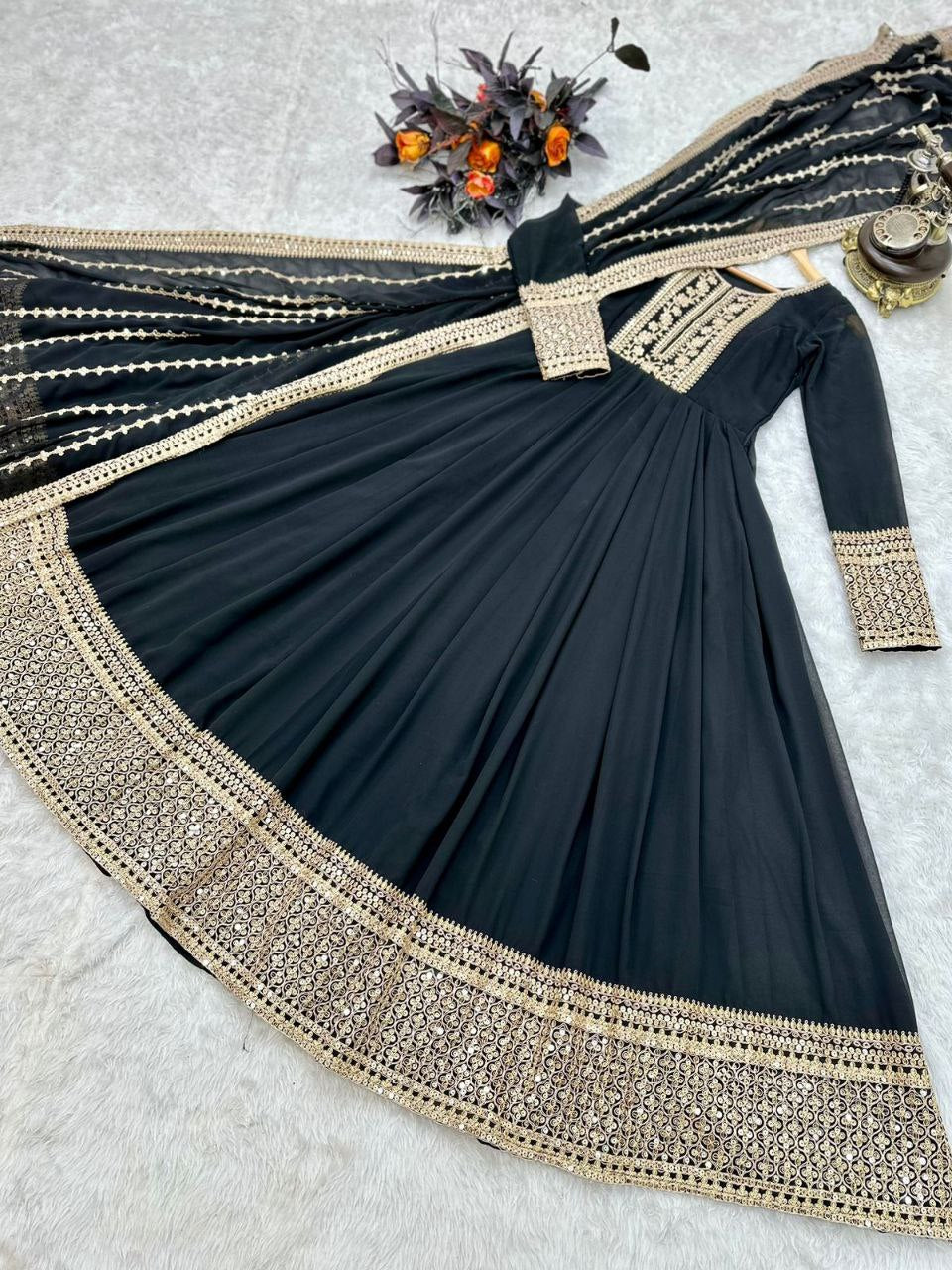 Black Gown in Faux Georgette with Embroidery Sequence Work