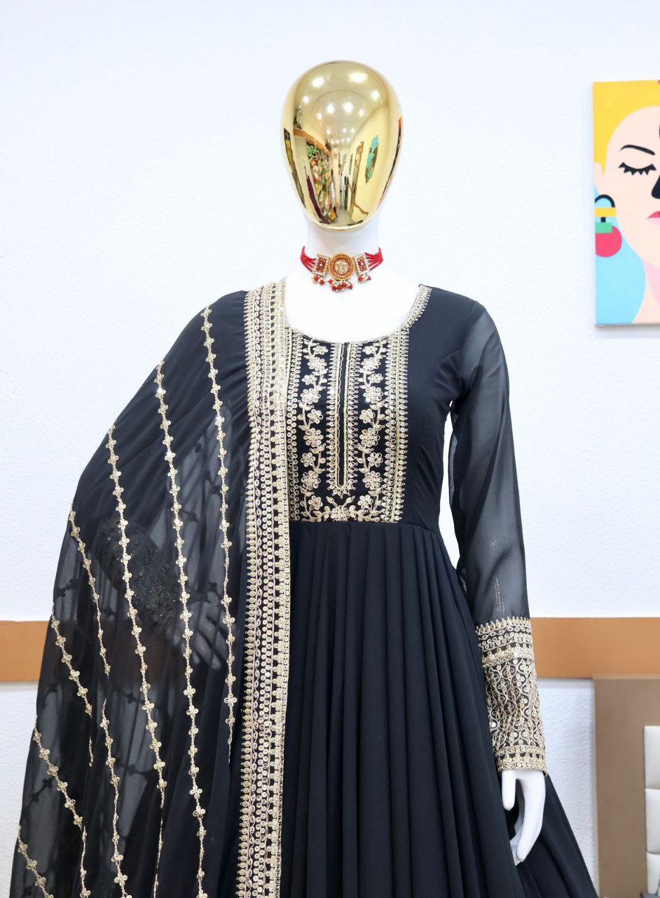 Black Gown in Faux Georgette with Embroidery Sequence Work