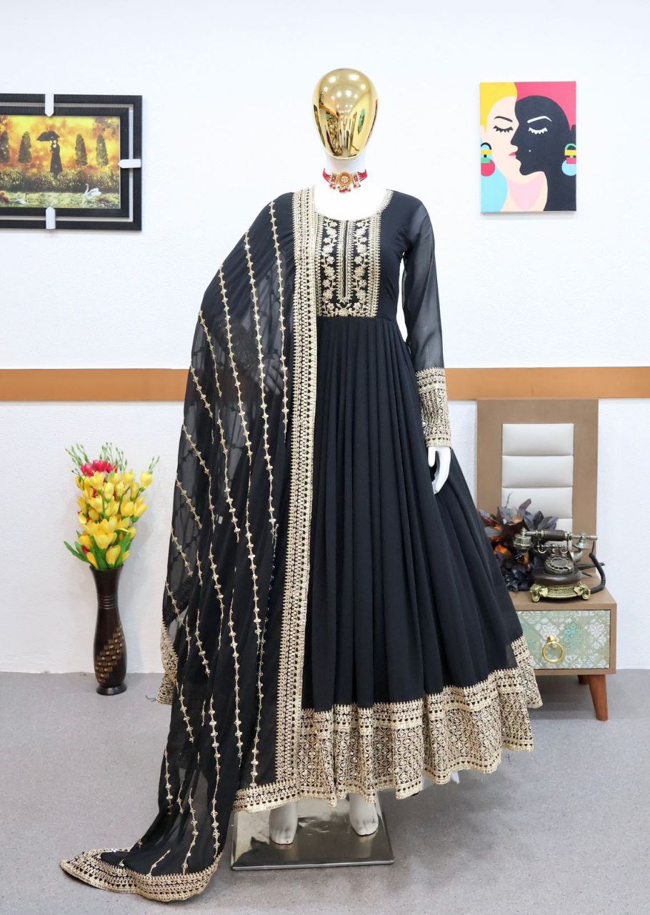 Black Gown in Faux Georgette with Embroidery Sequence Work
