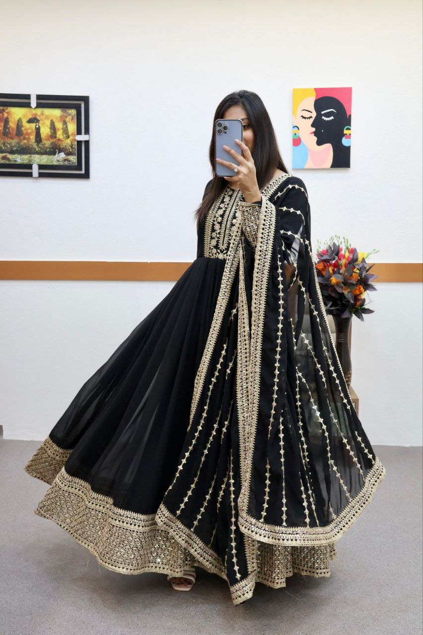 Black Gown in Faux Georgette with Embroidery Sequence Work