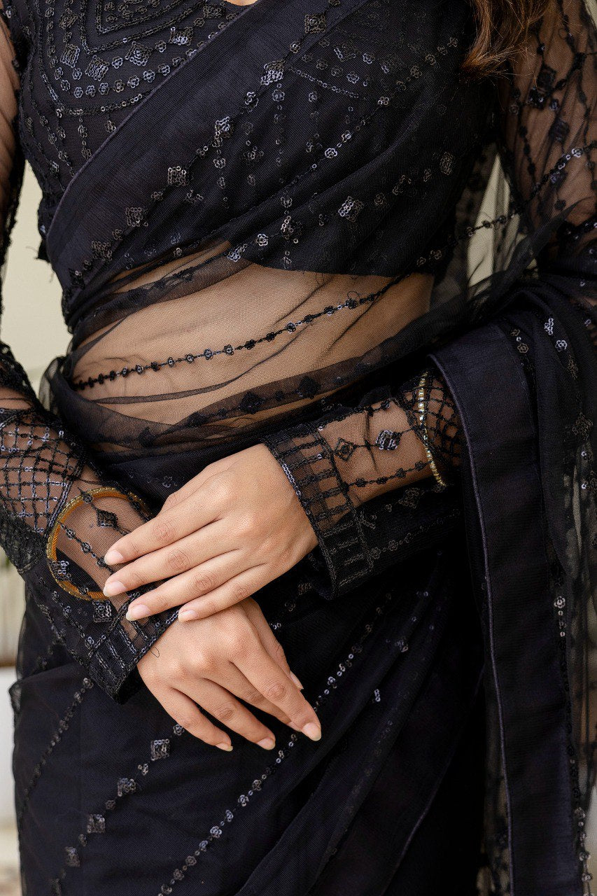 Black Soft Mono Net Sequins Embroidered Saree with Unstitched Blouse Piece