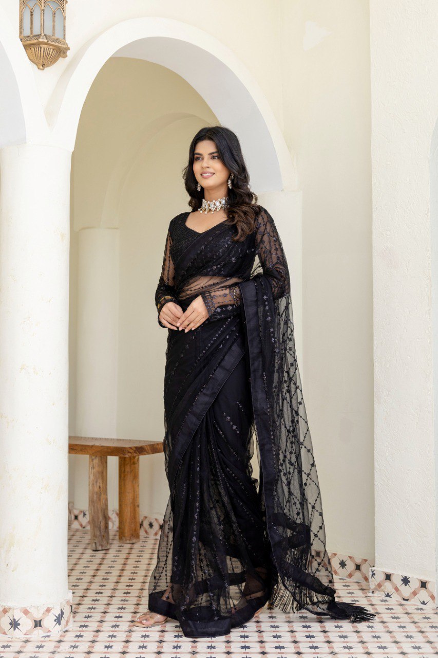 Black Soft Mono Net Sequins Embroidered Saree with Unstitched Blouse Piece