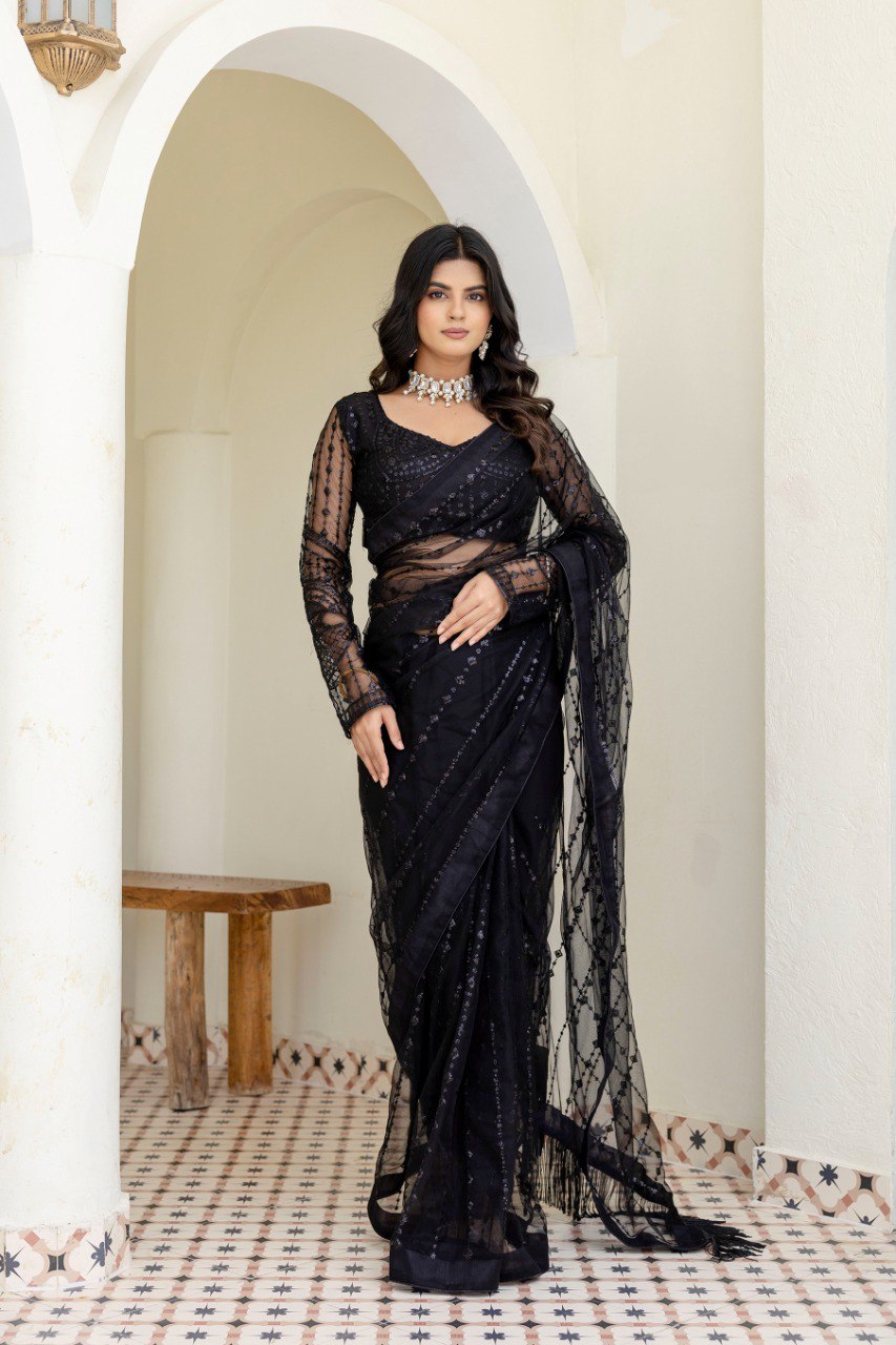 Black Soft Mono Net Sequins Embroidered Saree with Unstitched Blouse Piece