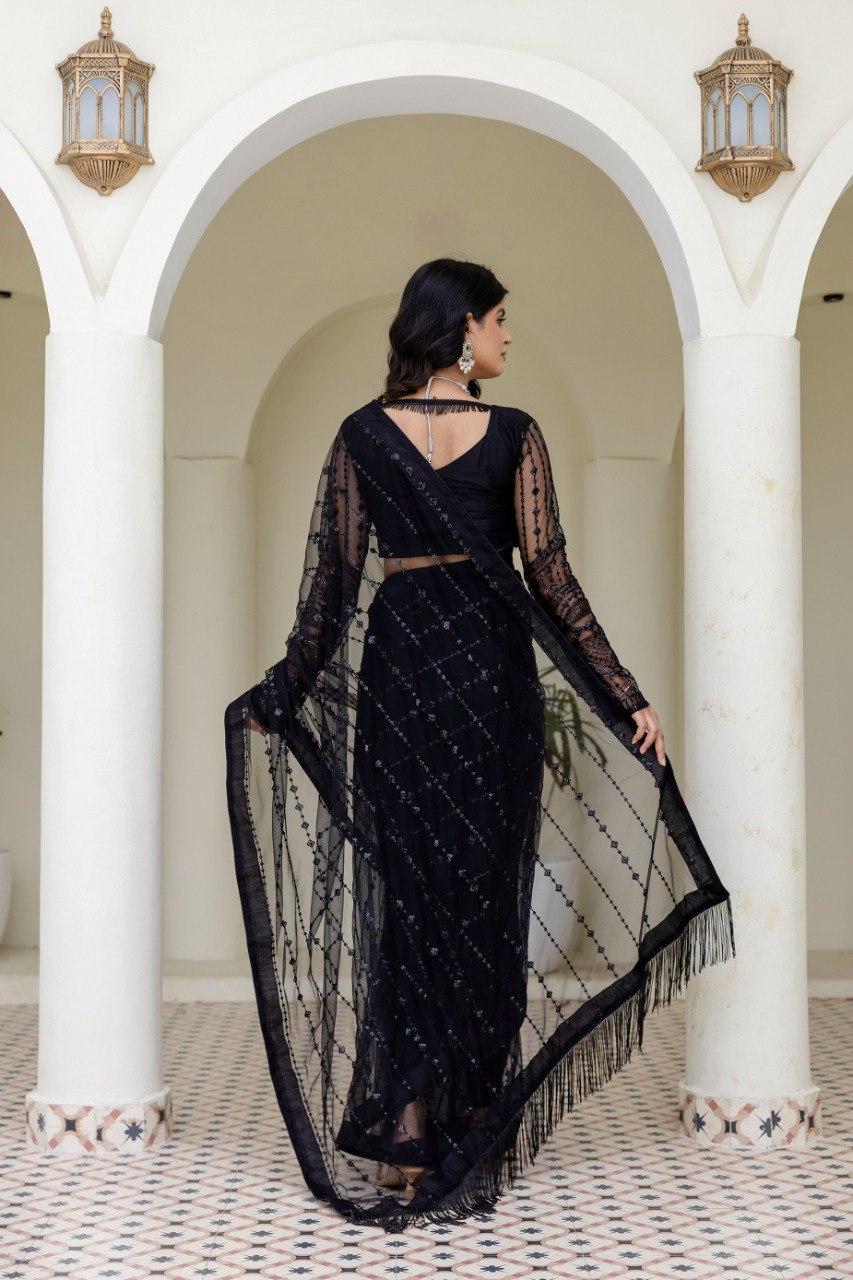Black Soft Mono Net Sequins Embroidered Saree with Unstitched Blouse Piece