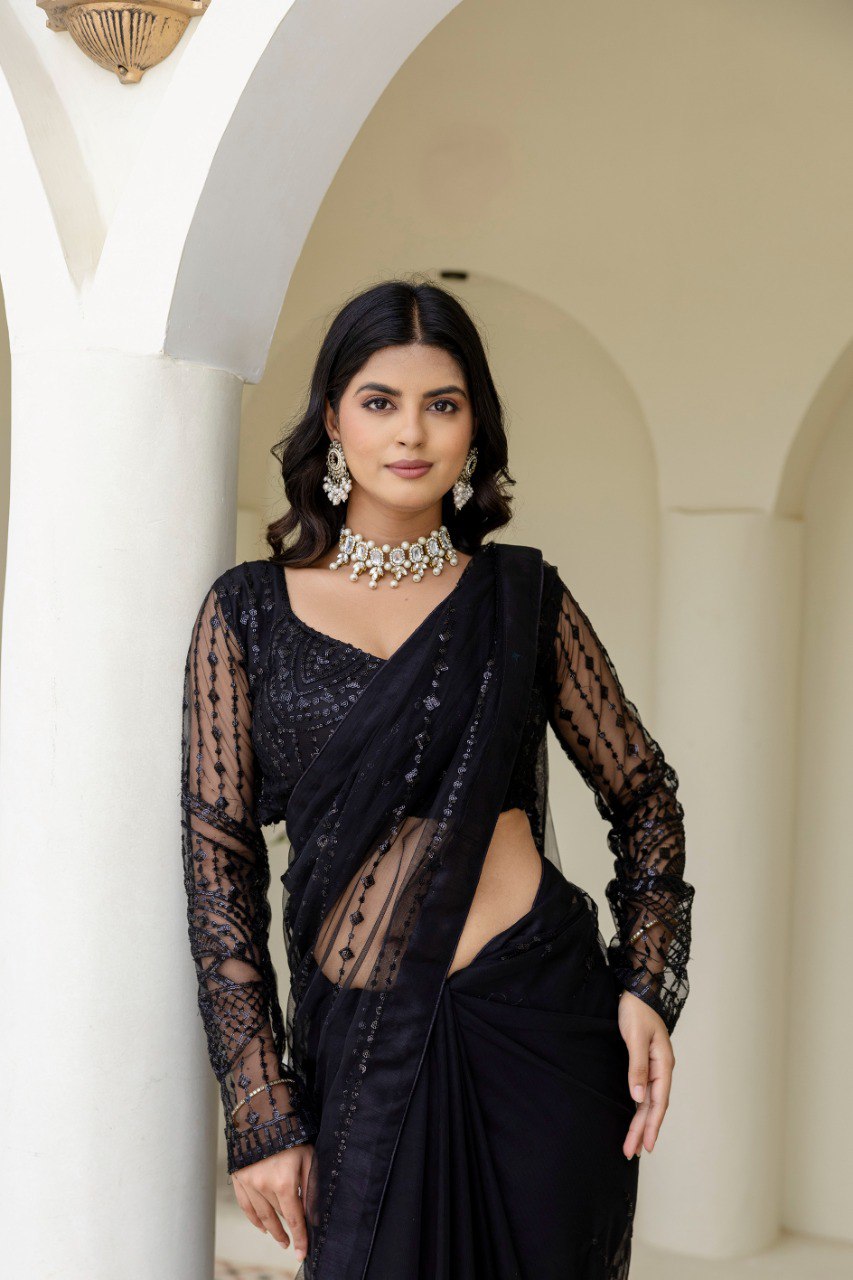Black Soft Mono Net Sequins Embroidered Saree with Unstitched Blouse Piece
