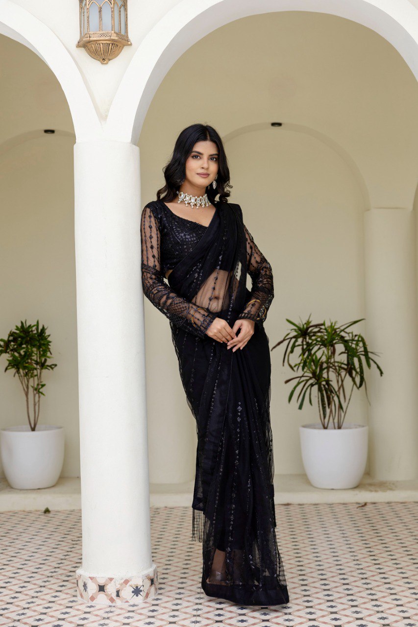 Black Soft Mono Net Sequins Embroidered Saree with Unstitched Blouse Piece