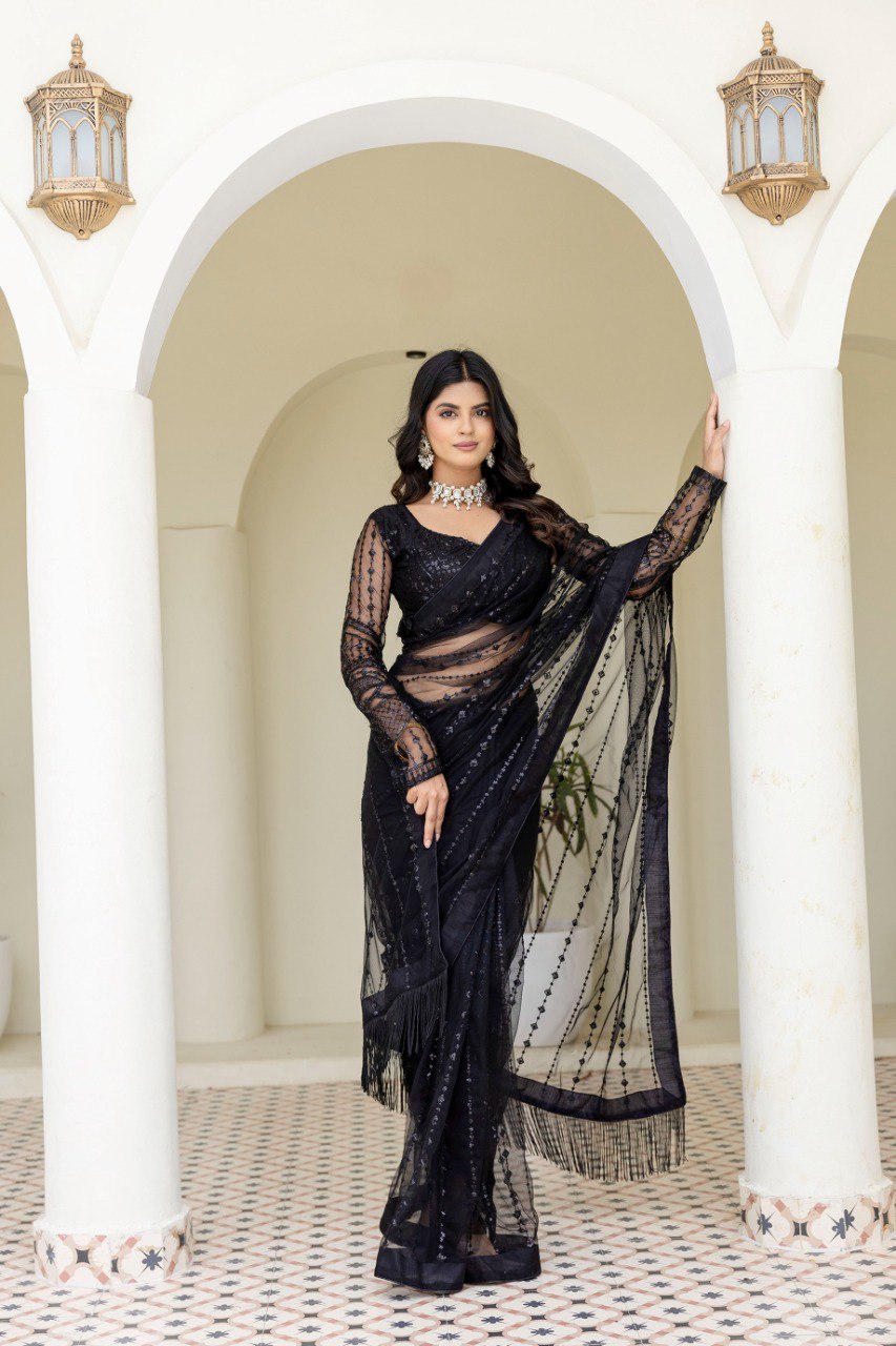 Black Soft Mono Net Sequins Embroidered Saree with Unstitched Blouse Piece