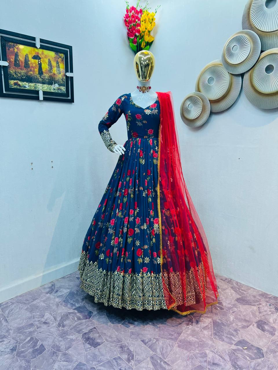 Blue Color Floral Printed Embroidery Work Designer Gown