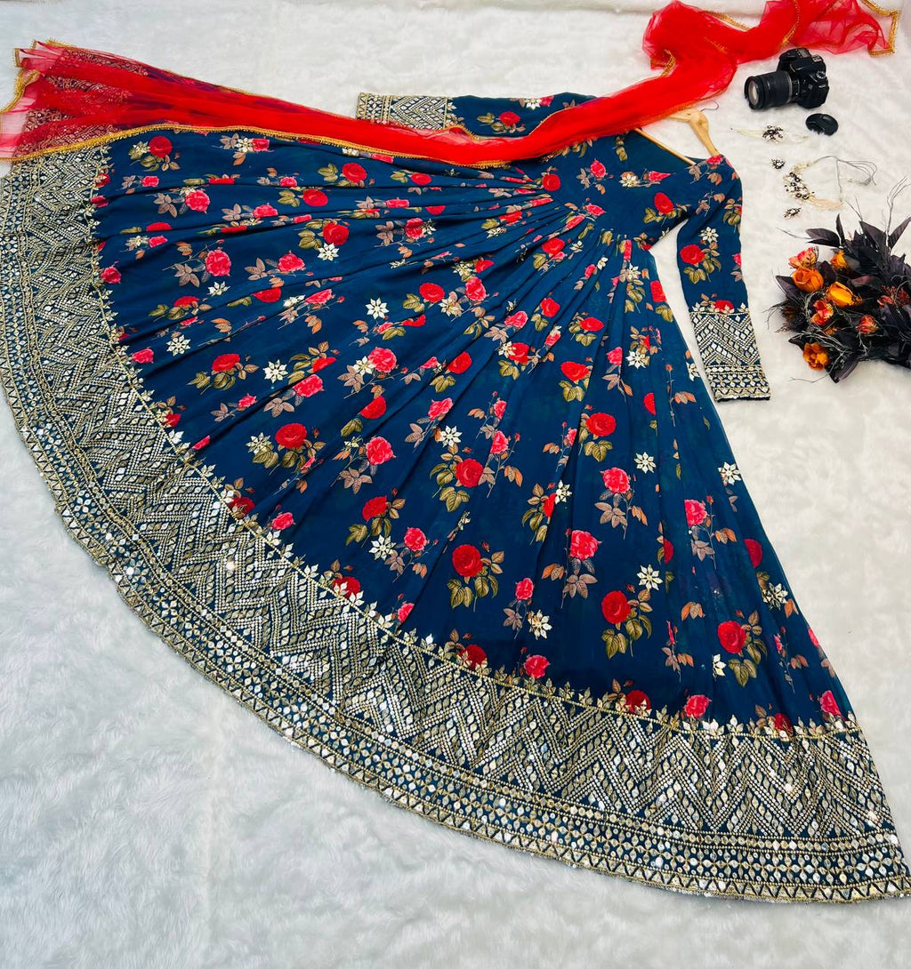 Blue Color Floral Printed Embroidery Work Designer Gown