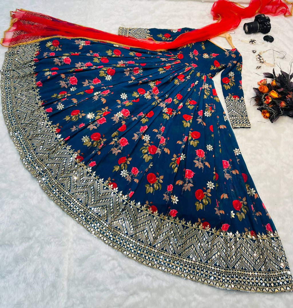 Blue Color Floral Printed Embroidery Work Designer Gown