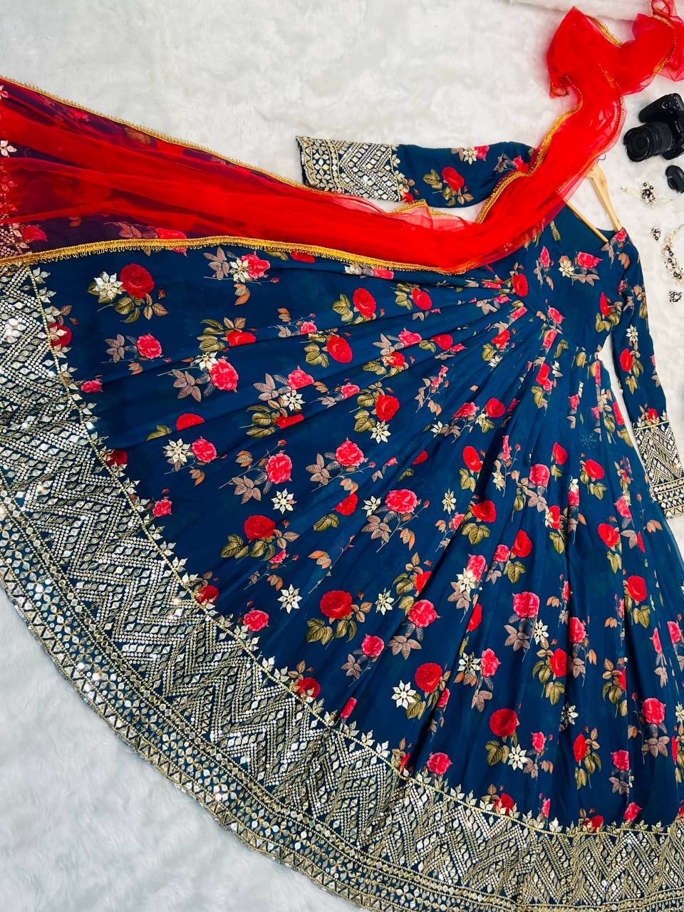Blue Color Floral Printed Embroidery Work Designer Gown