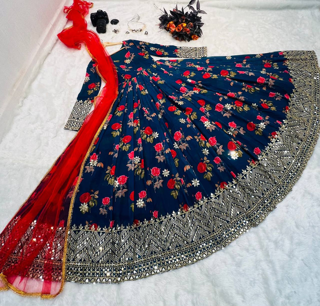 Blue Color Floral Printed Embroidery Work Designer Gown