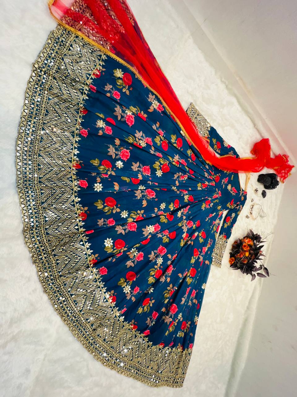 Blue Color Floral Printed Embroidery Work Designer Gown