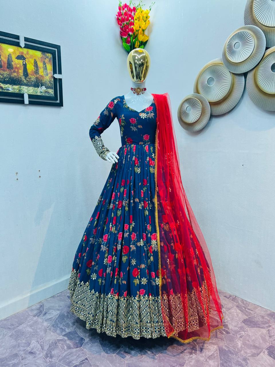 Blue Color Floral Printed Embroidery Work Designer Gown