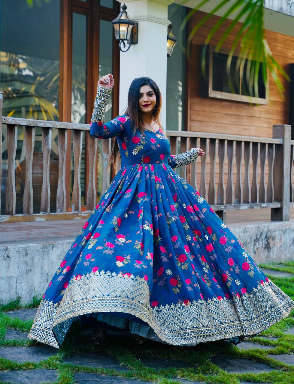 Blue Color Floral Printed Embroidery Work Designer Gown
