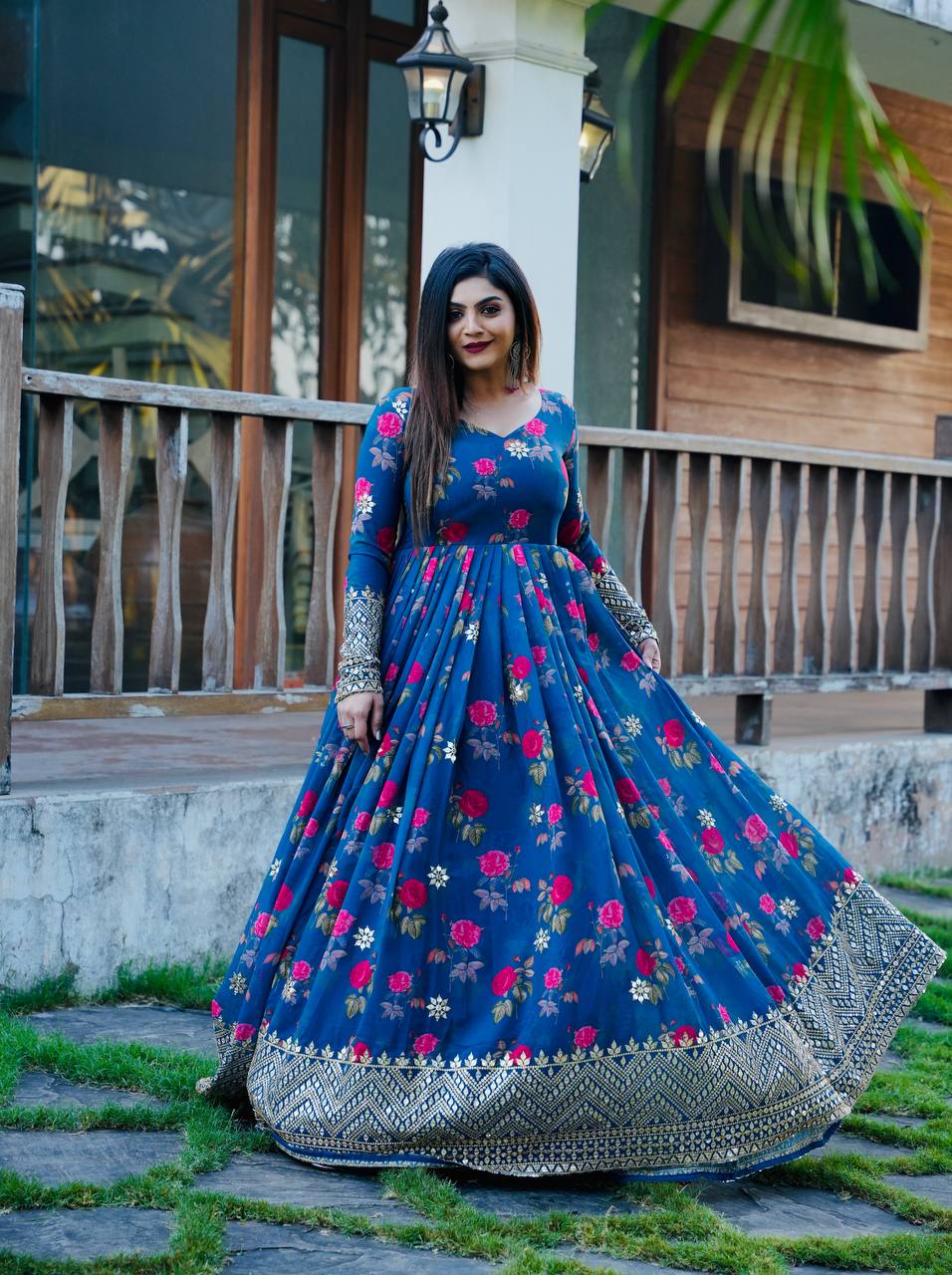 Blue Color Floral Printed Embroidery Work Designer Gown