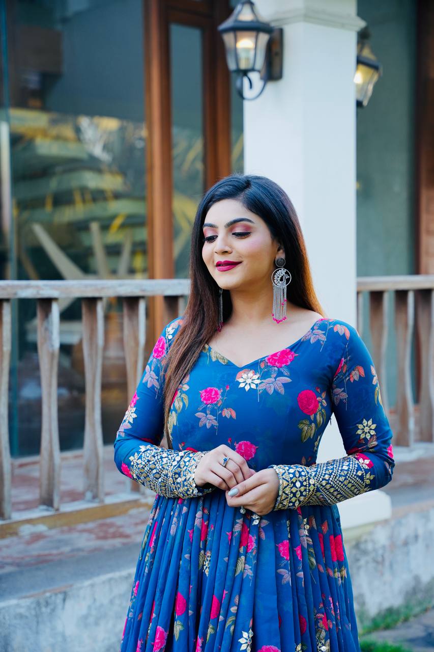 Blue Color Floral Printed Embroidery Work Designer Gown