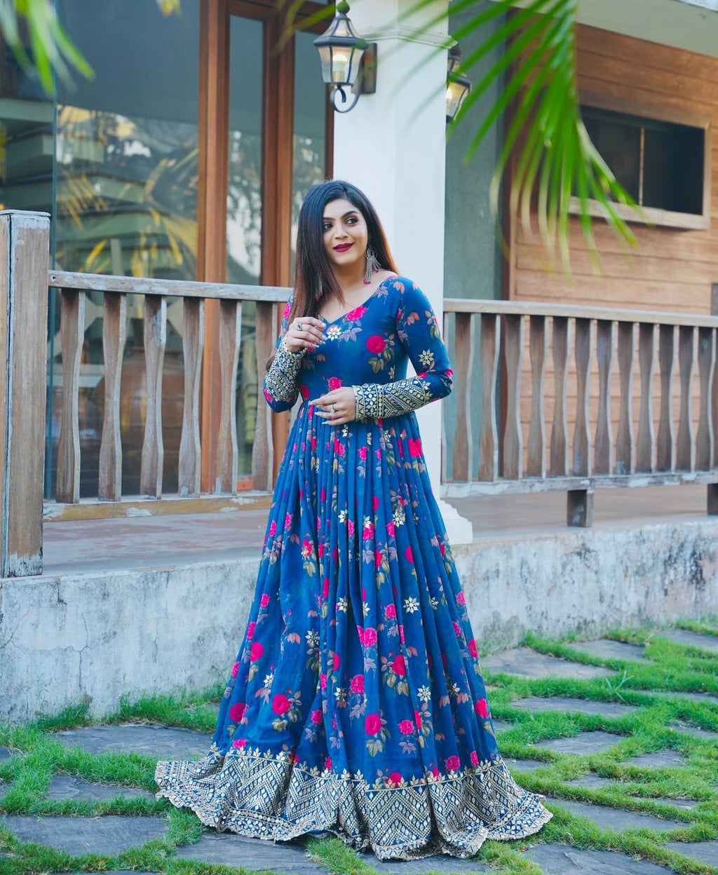 Blue Color Floral Printed Embroidery Work Designer Gown