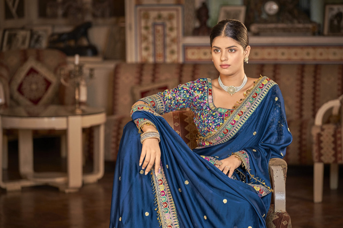 Blue Elegant Rangoli Silk Saree with Resham, Zari & Sequins Work Unstitched Blouse Included