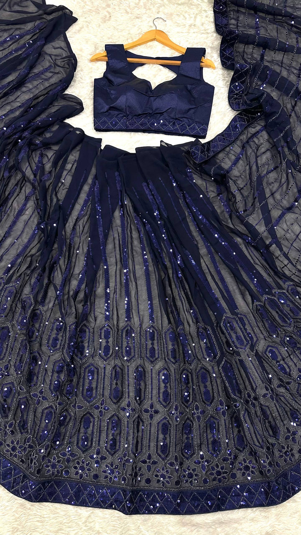 Blue Georgette Saree with Sequins, Thread & Dori Work with Japan Satin Blouse Piece