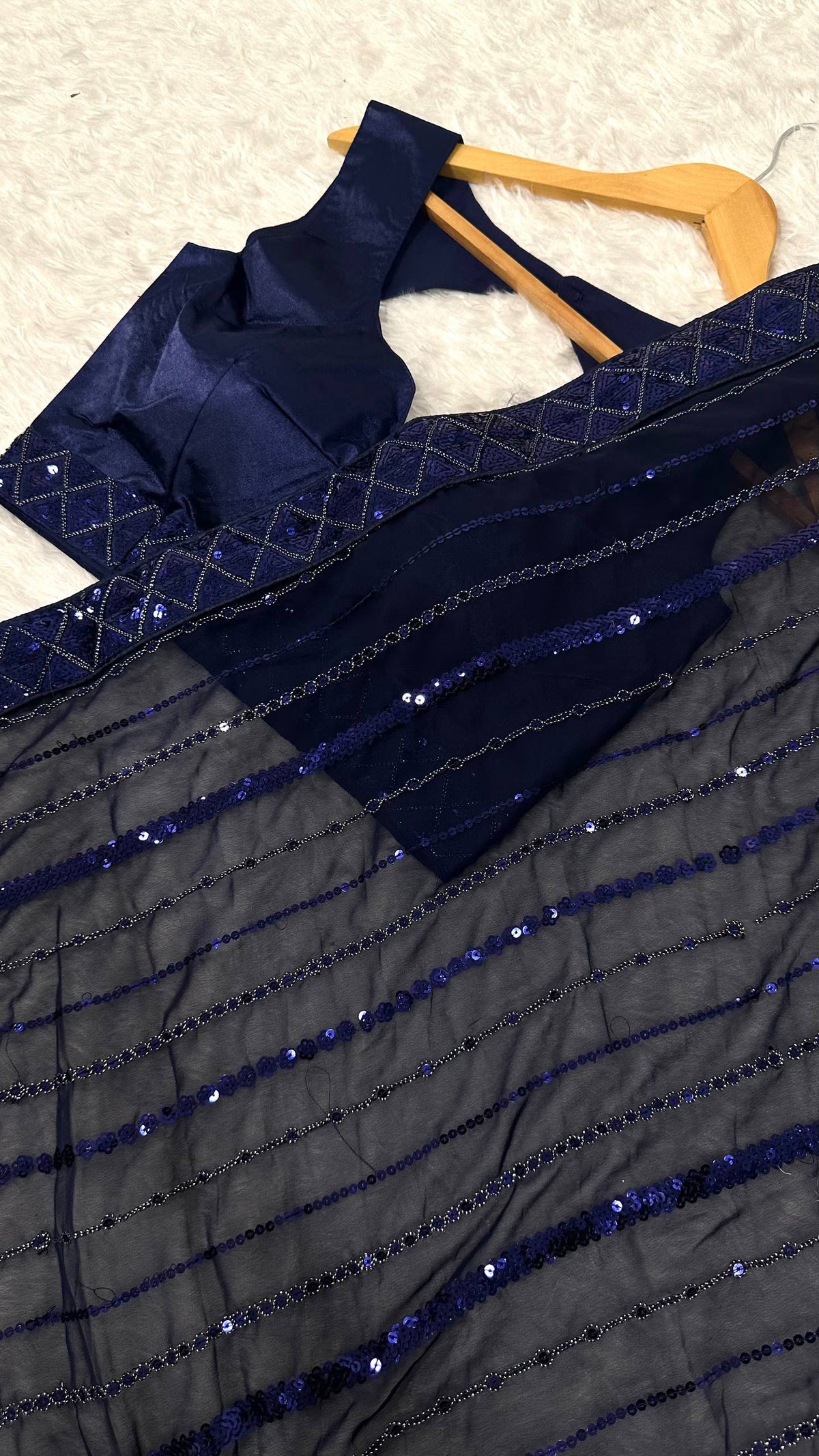 Blue Georgette Saree with Sequins, Thread & Dori Work with Japan Satin Blouse Piece