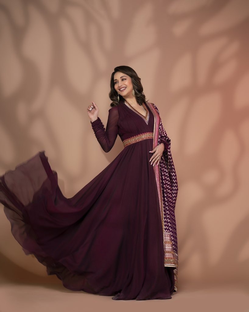 Bollywood Celebrity Wear Madhuri Dixit Maroon Color Gown