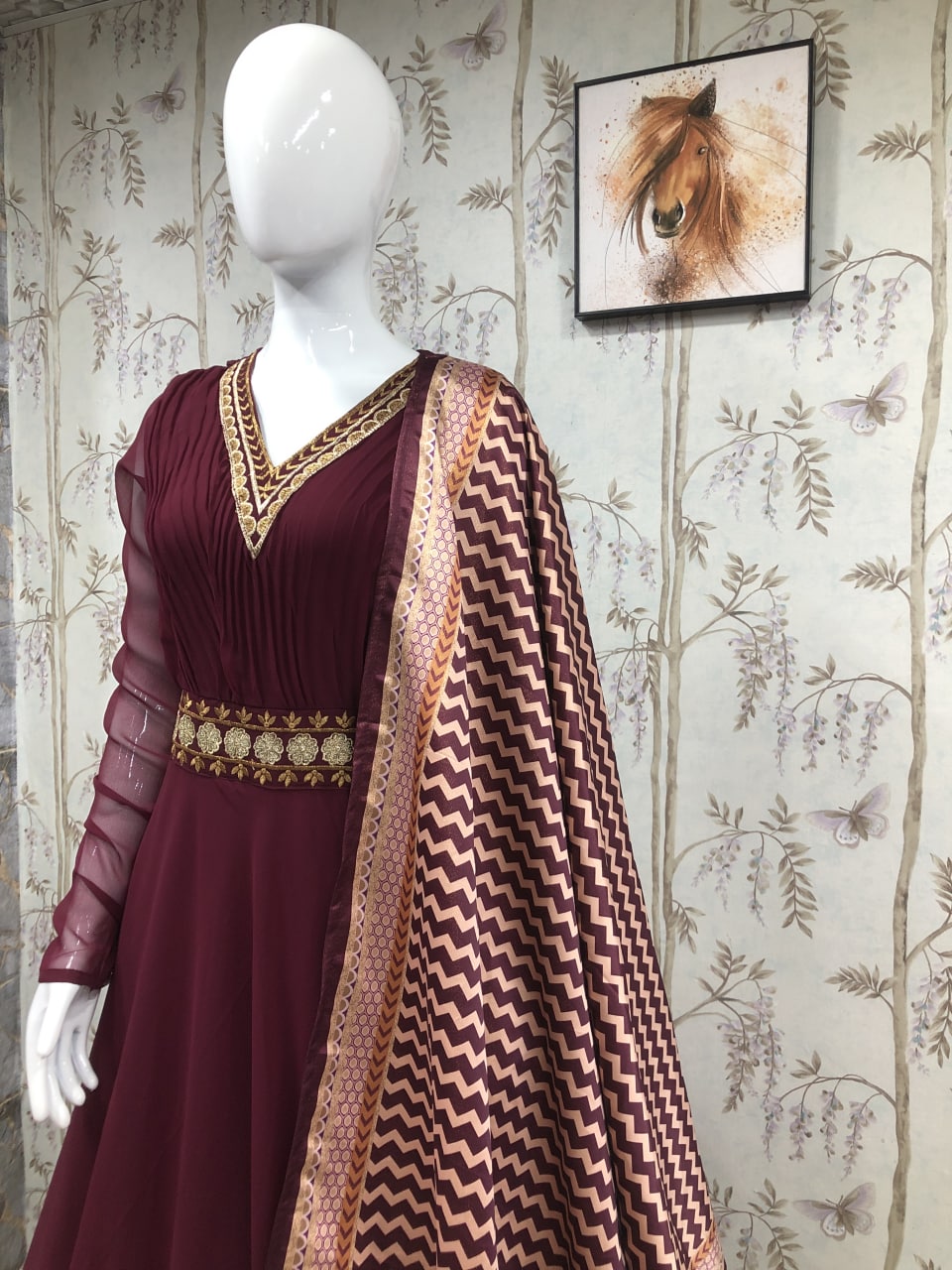 Bollywood Celebrity Wear Madhuri Dixit Maroon Color Gown