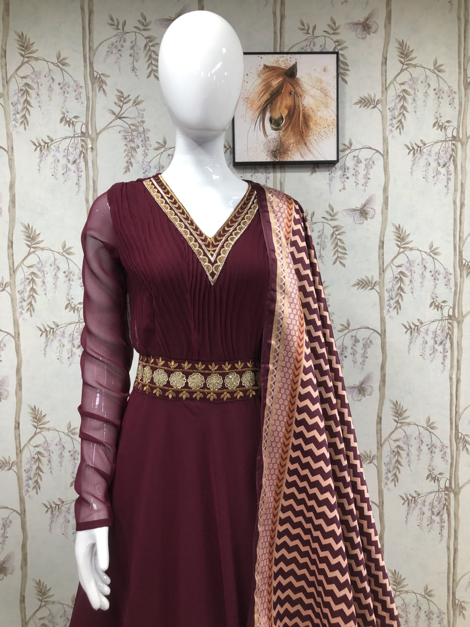 Bollywood Celebrity Wear Madhuri Dixit Maroon Color Gown