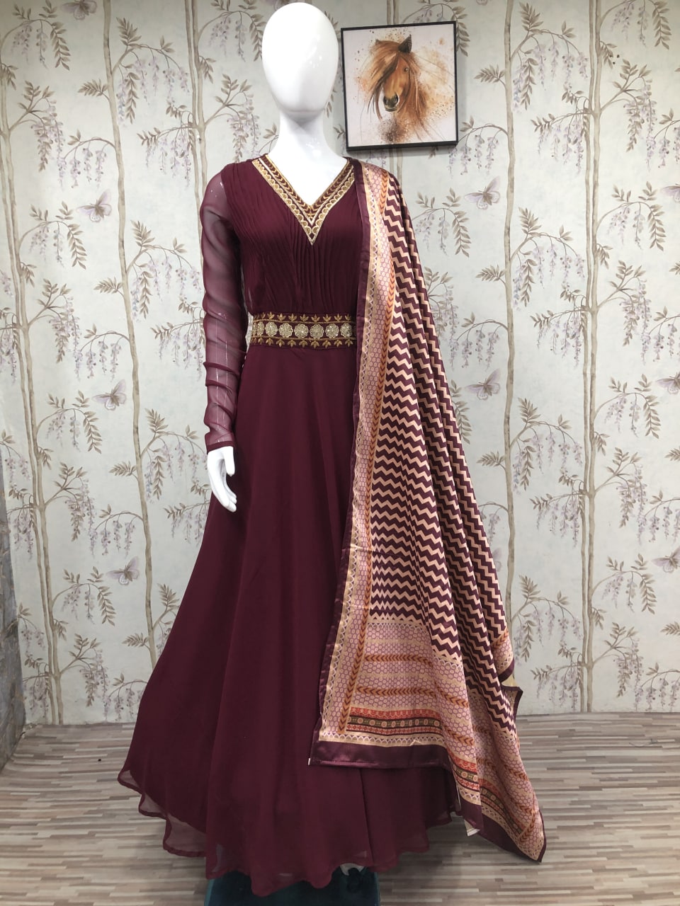 Bollywood Celebrity Wear Madhuri Dixit Maroon Color Gown