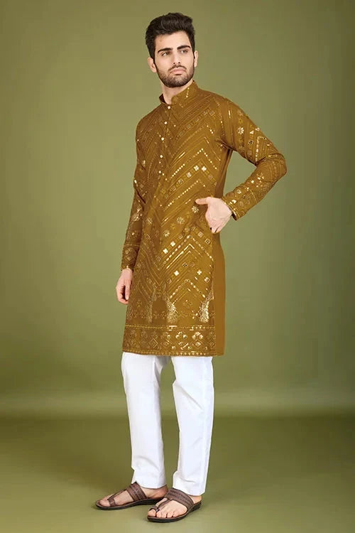 Yellow Viscose Rayon Men's Kurta with Thread & Sequence Work