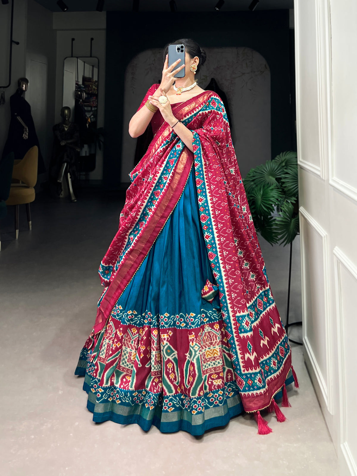 Ethnic Firoji & Pink Lehenga Choli with Tassels & Patola Print