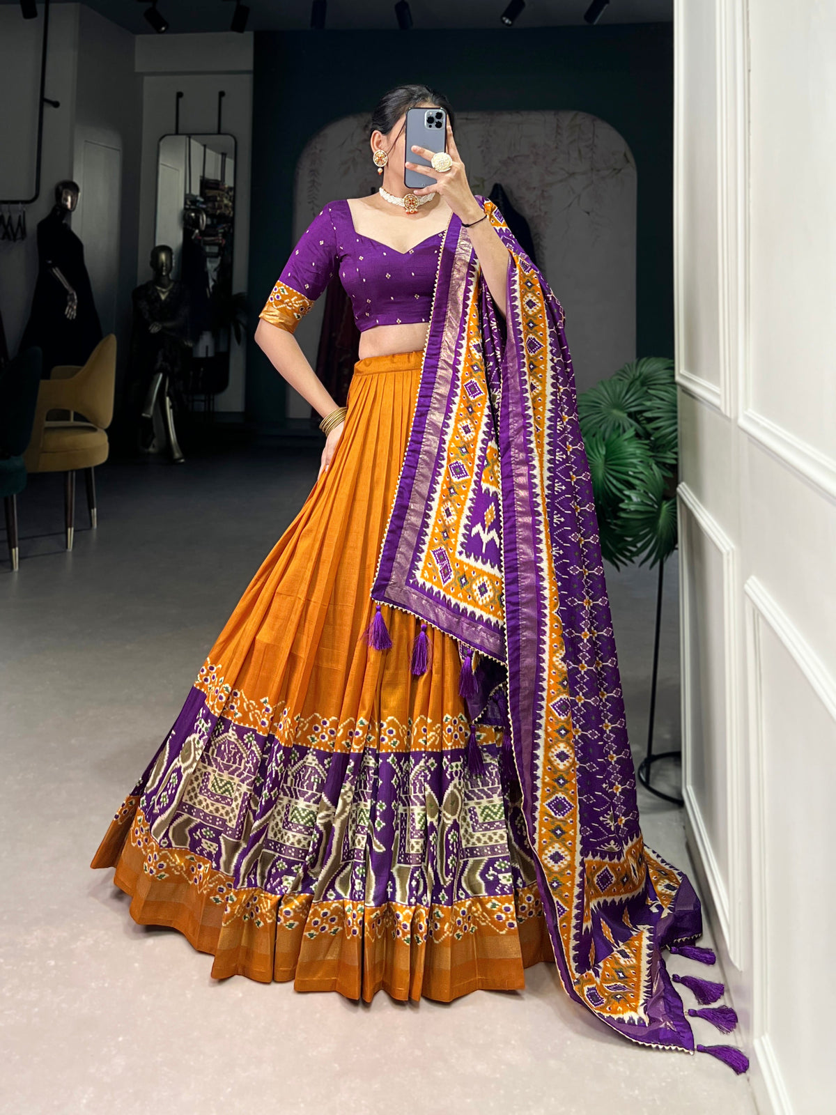 Ethnic Yellow & Purple Lehenga Choli with Tassels & Patola Print