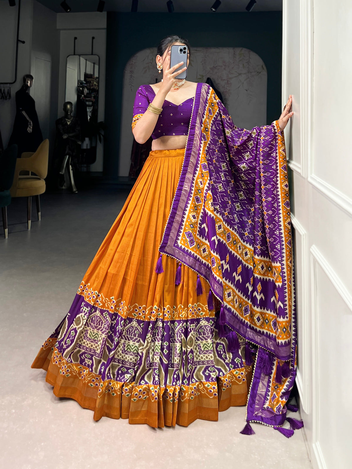 Ethnic Yellow & Purple Lehenga Choli with Tassels & Patola Print
