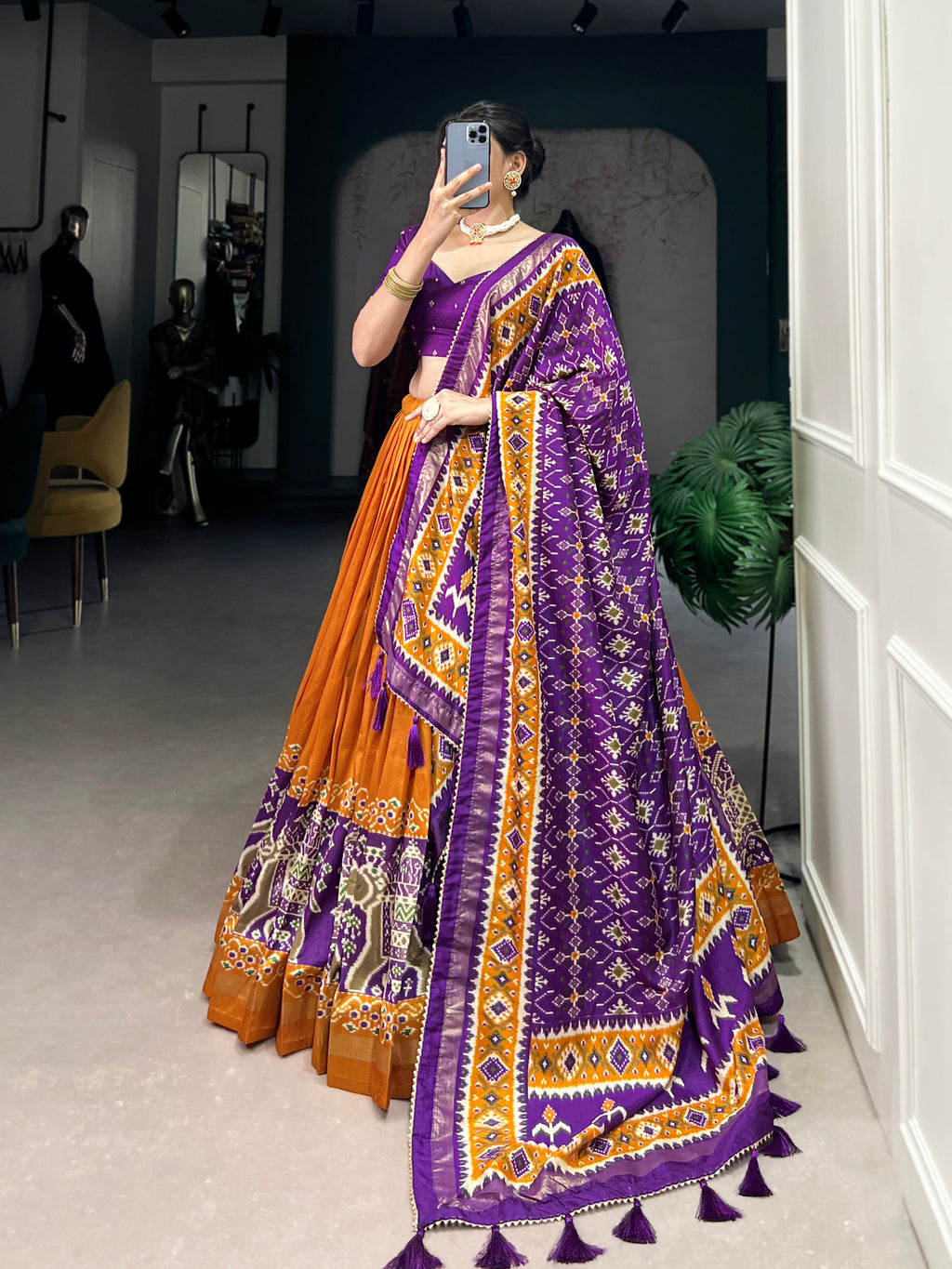 Ethnic Yellow & Purple Lehenga Choli with Tassels & Patola Print
