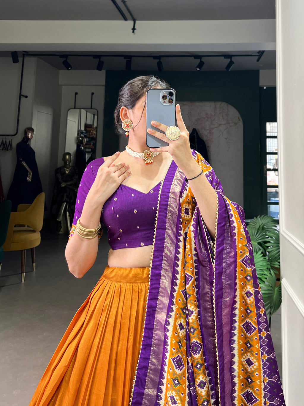 Ethnic Yellow & Purple Lehenga Choli with Tassels & Patola Print