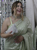 Pastel Green Designer Saree in Georgette Sequins Embroidered Work