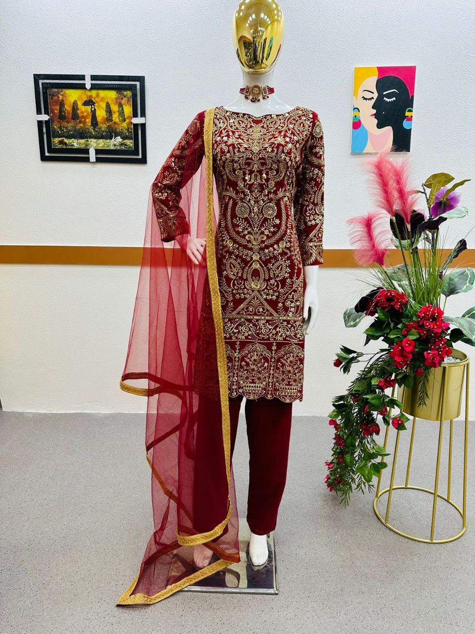 Dark Red Salwar Suit in Faux Georgette with Dupatta