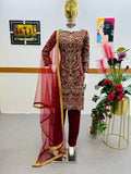 Dark Red Salwar Suit in Faux Georgette with Dupatta