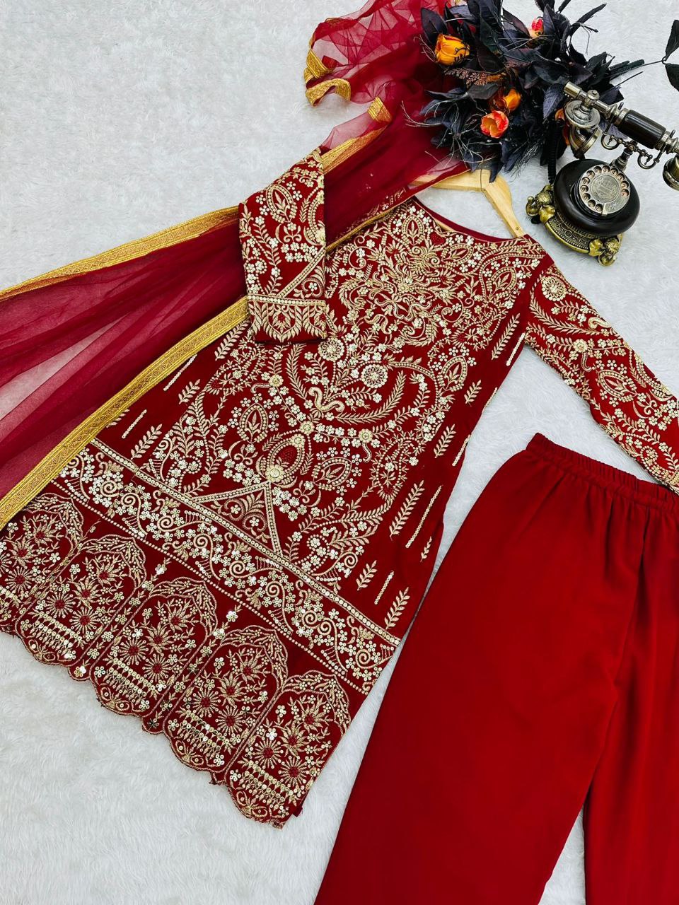 Dark Red Salwar Suit in Faux Georgette with Dupatta
