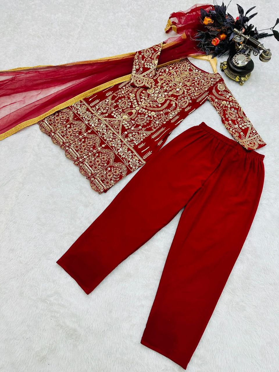 Dark Red Salwar Suit in Faux Georgette with Dupatta